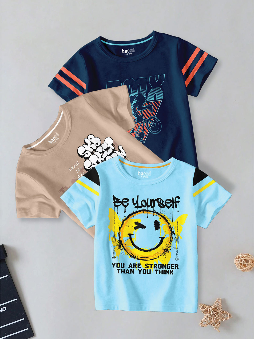 BAESD Boys Pack Of 3 Typography Printed Round Neck Cotton T-shirt
