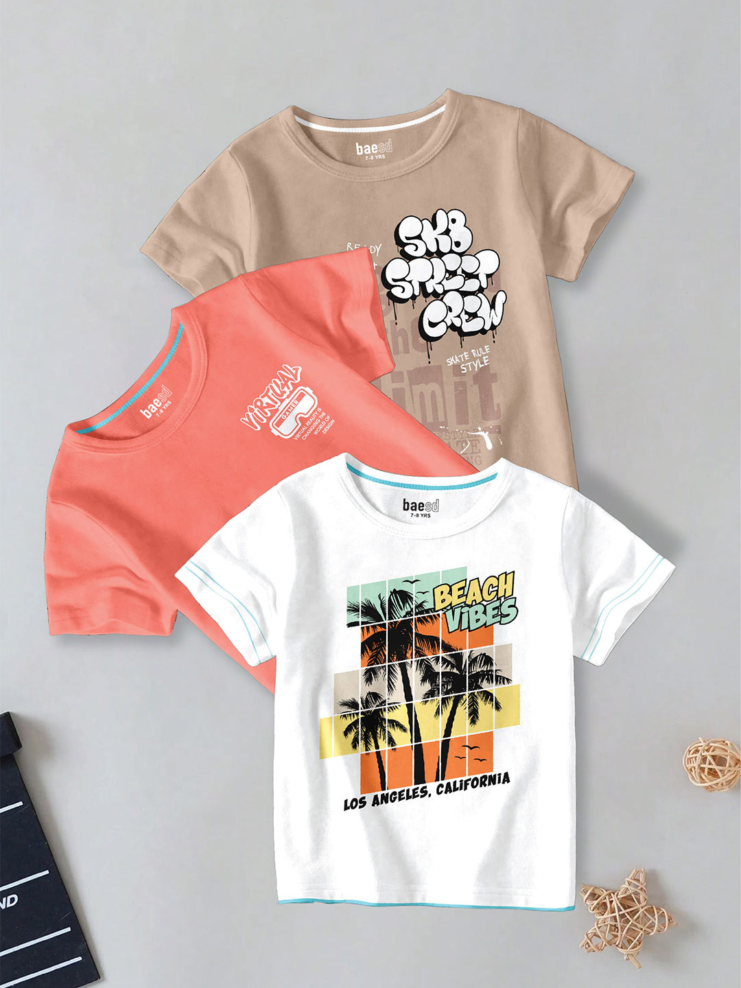 BAESD Boys Pack of 3 Typography Printed Round Neck Cotton T-shirt