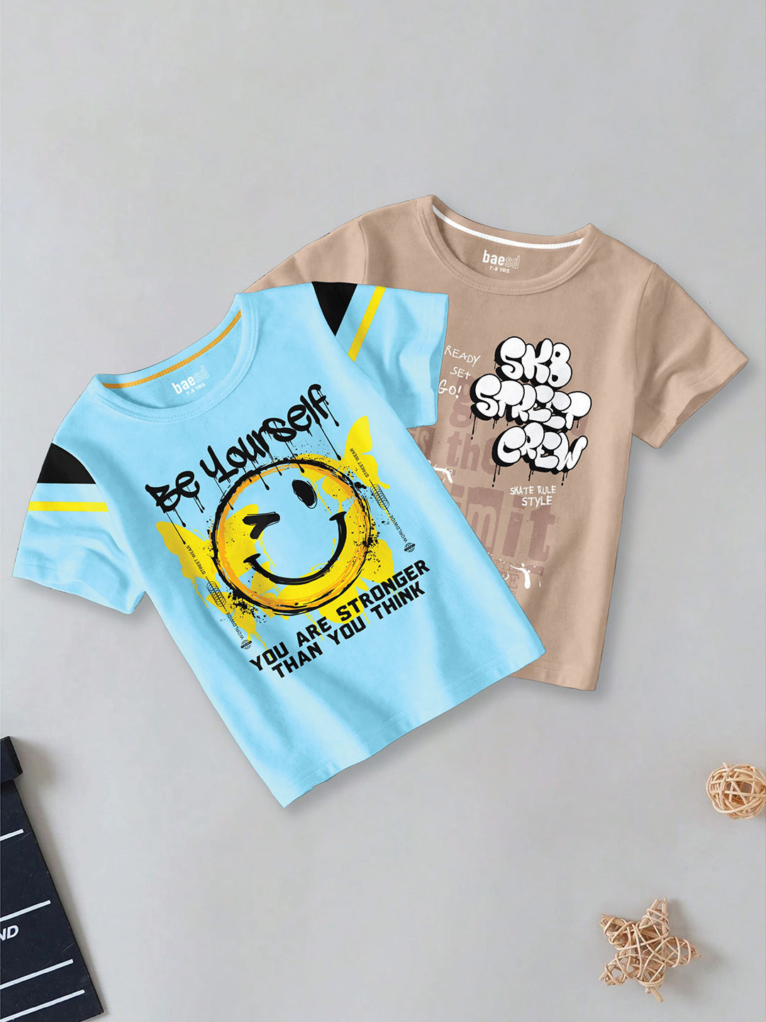 BAESD Boys Pack Of 2 Typography Printed Round Neck Short Sleeves Cotton T-shirts