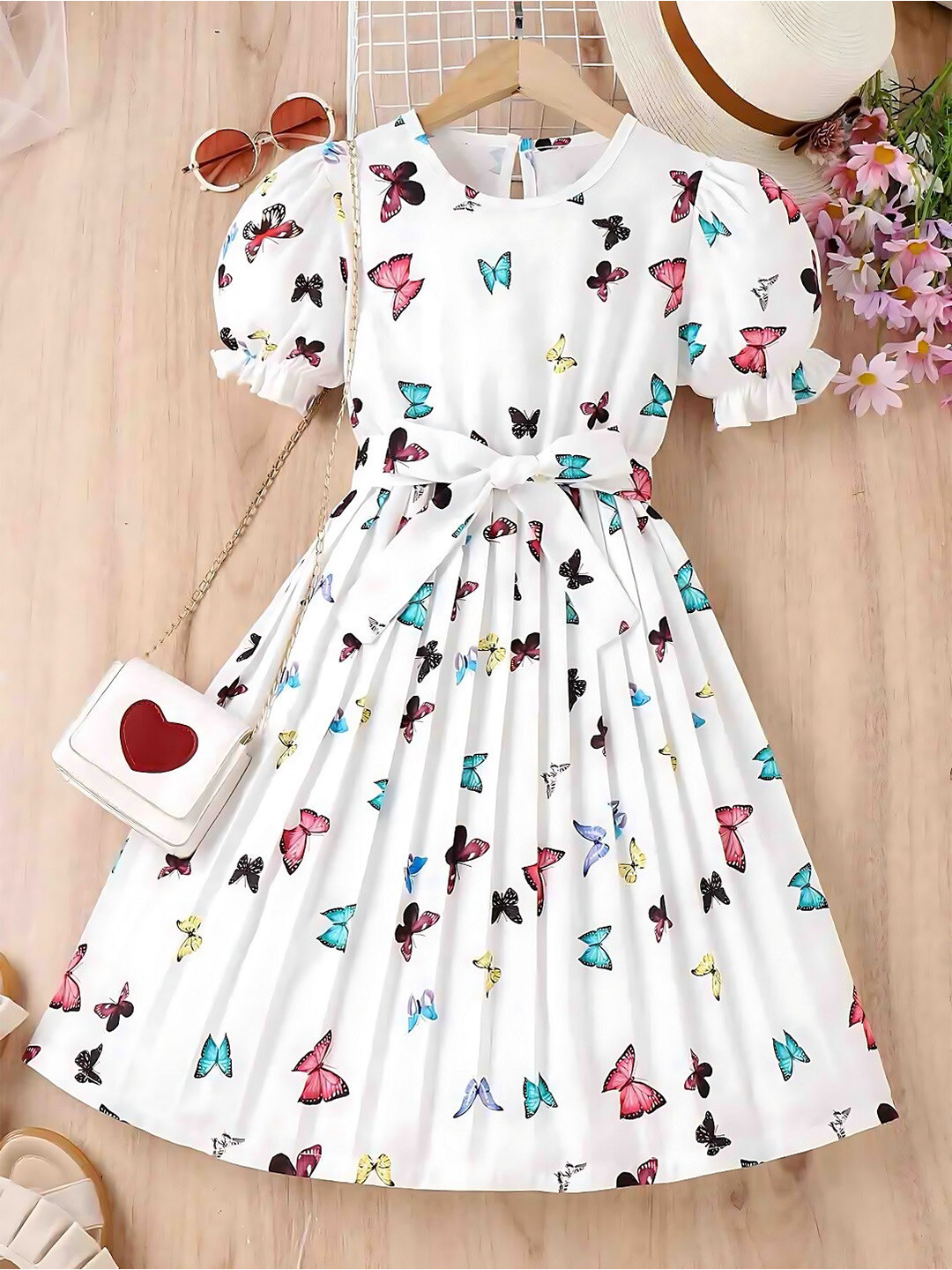 BAESD Girls Conversational Print Round Neck Puff Sleeves Cotton Fit & Flare Dress