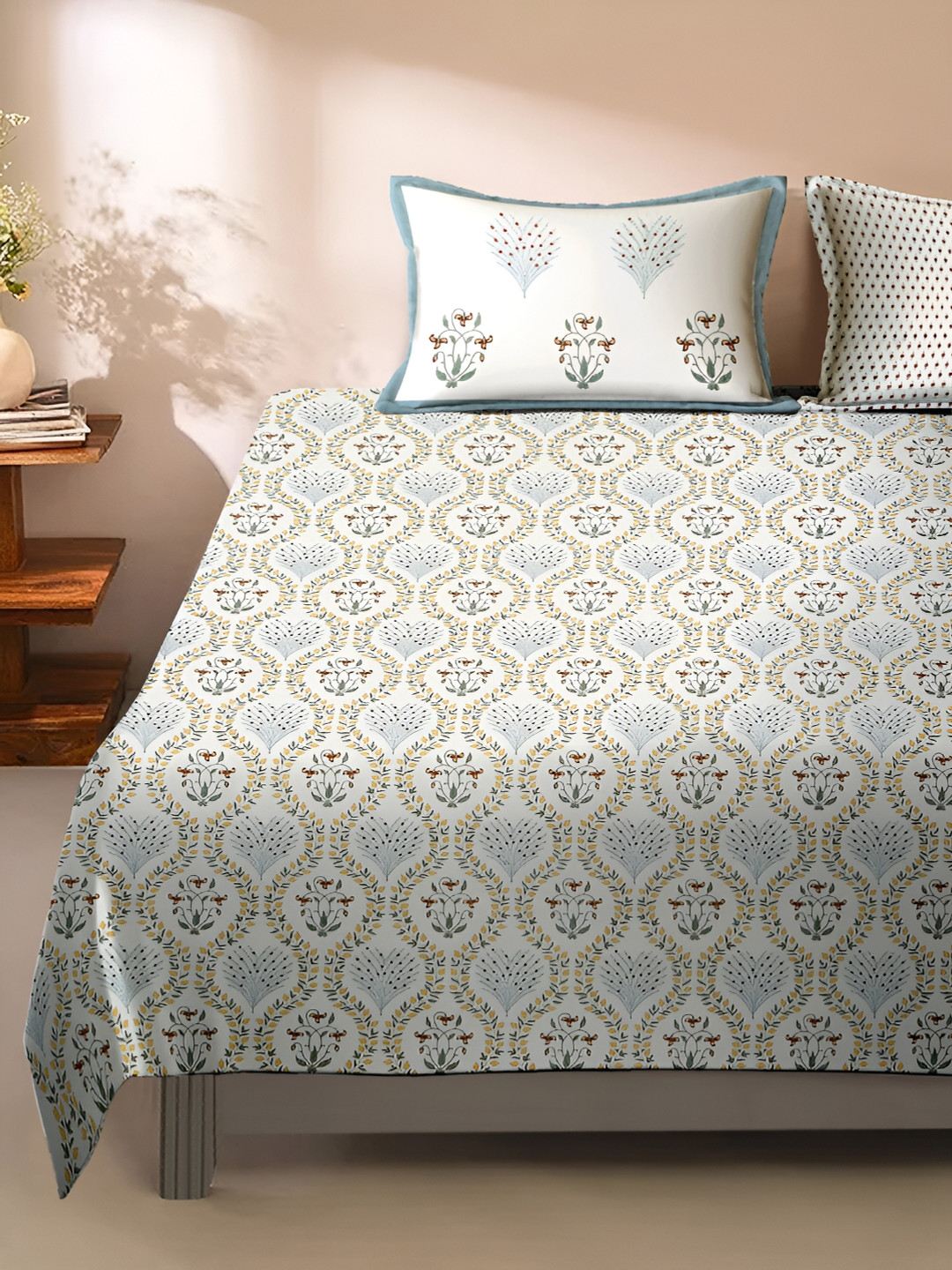 Rajasthan Decor Summer Collection White Ethnic Motifs Cotton 220 TC King Fine Bedsheet with 2 Pillow Covers-106 x 106 inches