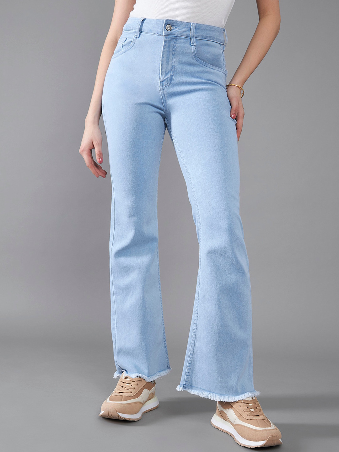 DOLCE CRUDO Women Light Blue Bootcut Clean Look High-Rise Stretchable Jeans