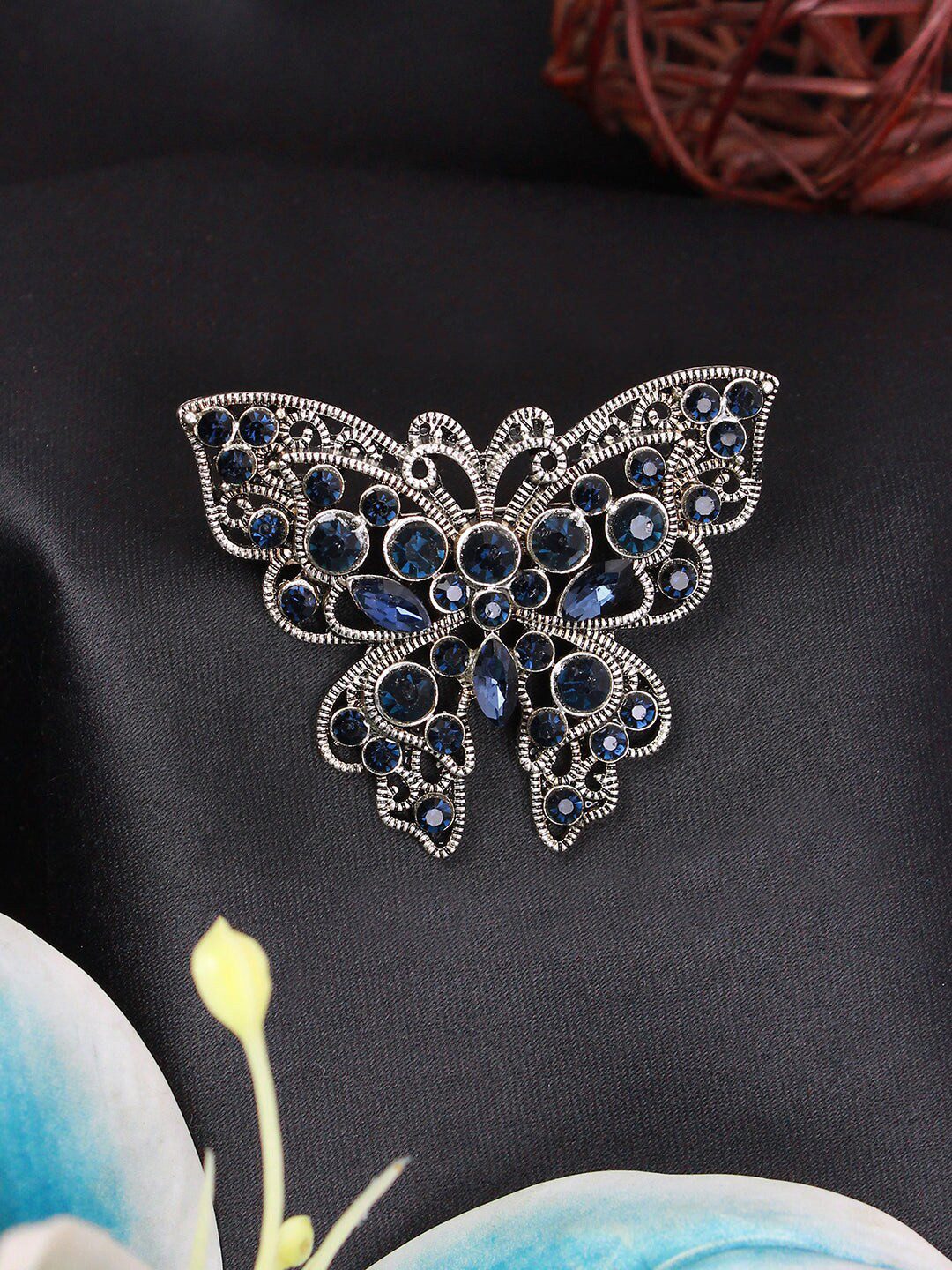 Kavove Men Stone Studded Sapphire Wings Statement Brooch
