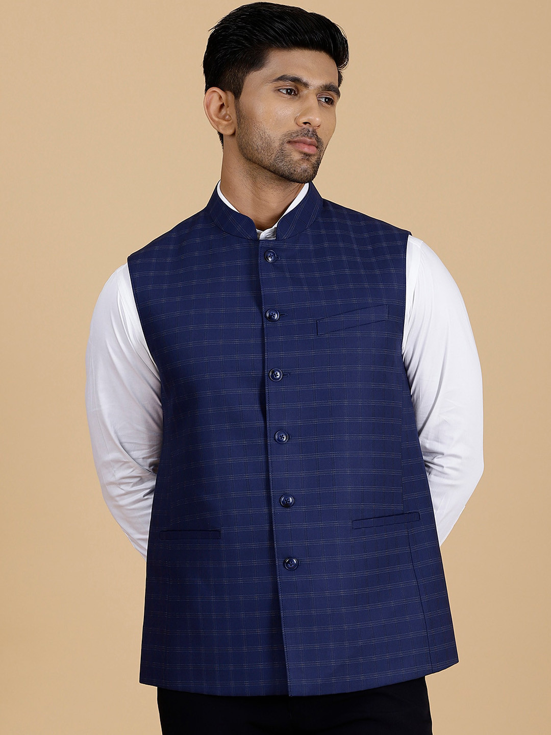 MODI JACKET Checked Mandarin Collar Sleeveless Woolen Nehru Jacket