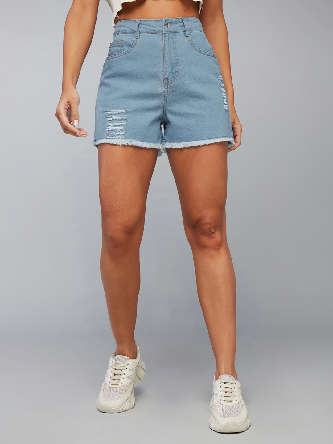 DOLCE CRUDO Women's Relaxed Mid Rise High Distress Regular Non Stretchable Denim Shorts