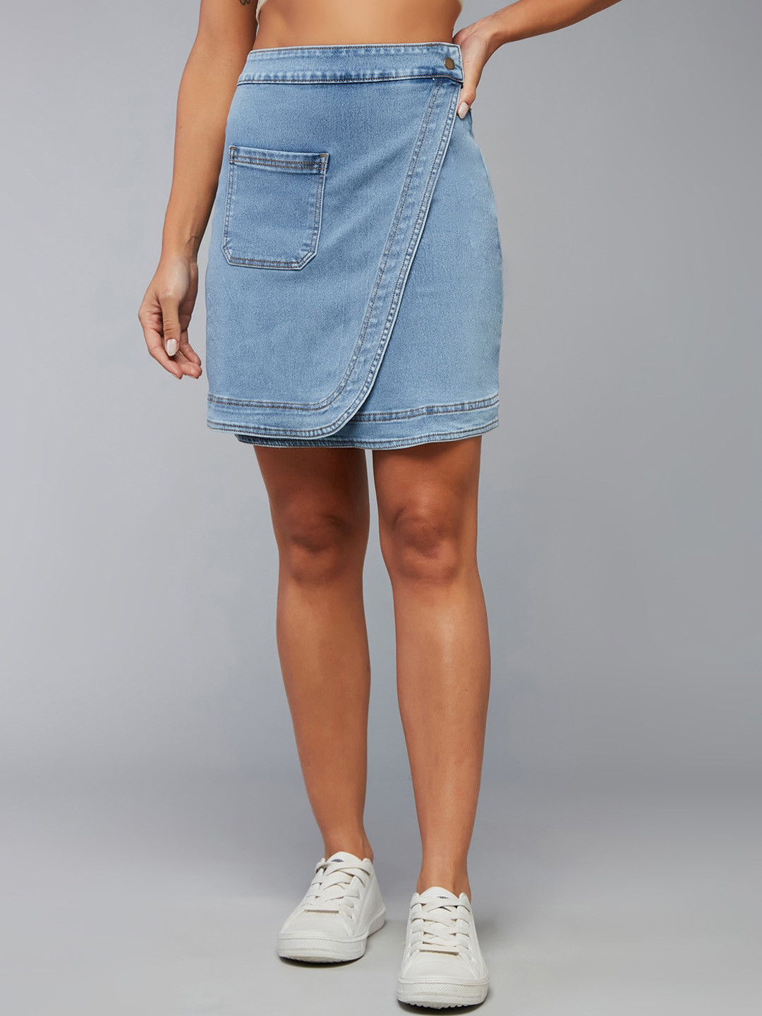 DOLCE CRUDO Shore Crabs Blue High Rise Stretchable Denim Wrap Skirt