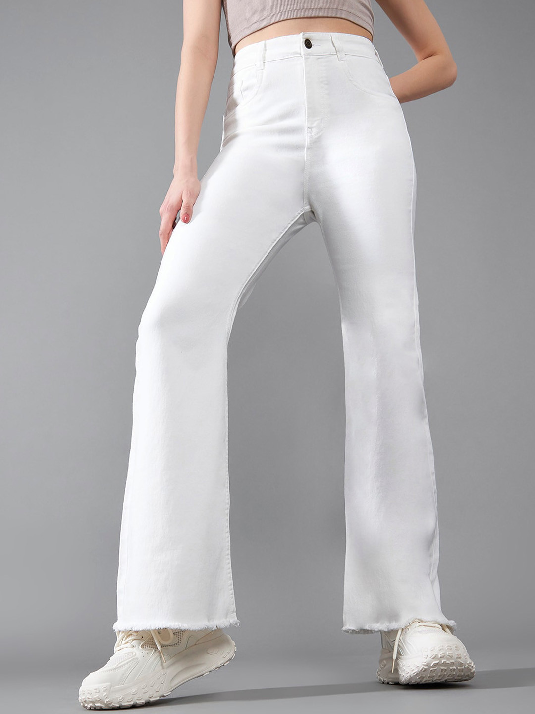 DOLCE CRUDO Women Panda Escape White Bootcut High-Rise Stretchable Jeans