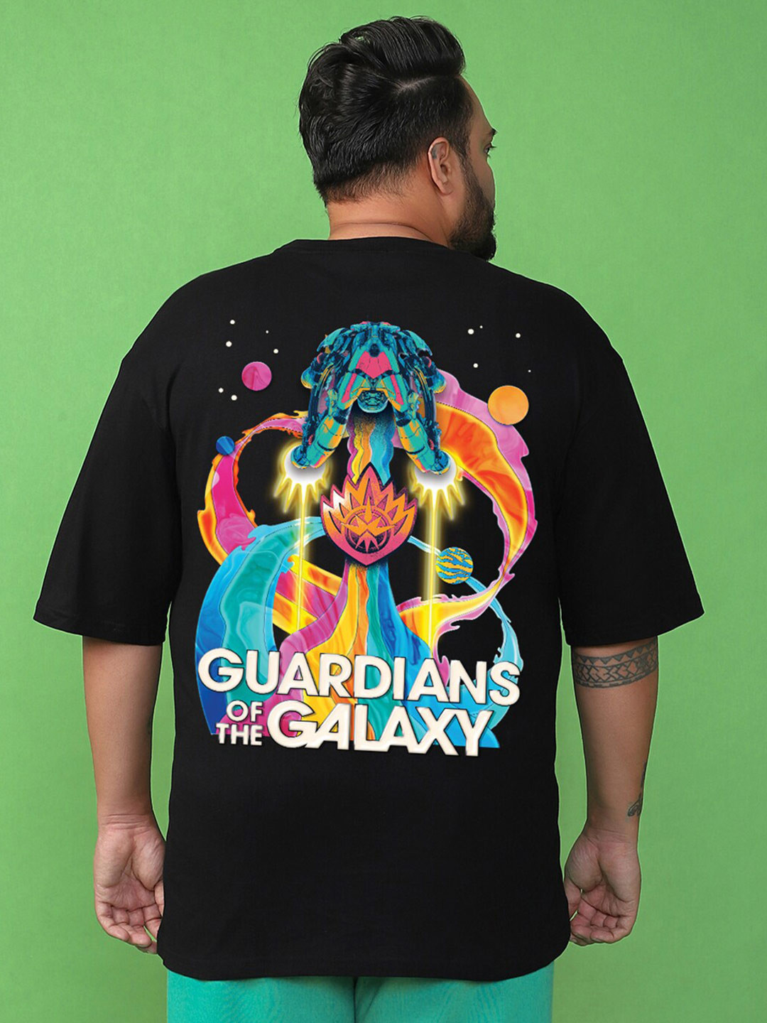 Bewakoof Official Marvel Merchandise Plus Size Men's Galaxy Ship Printed Oversized T-shirt