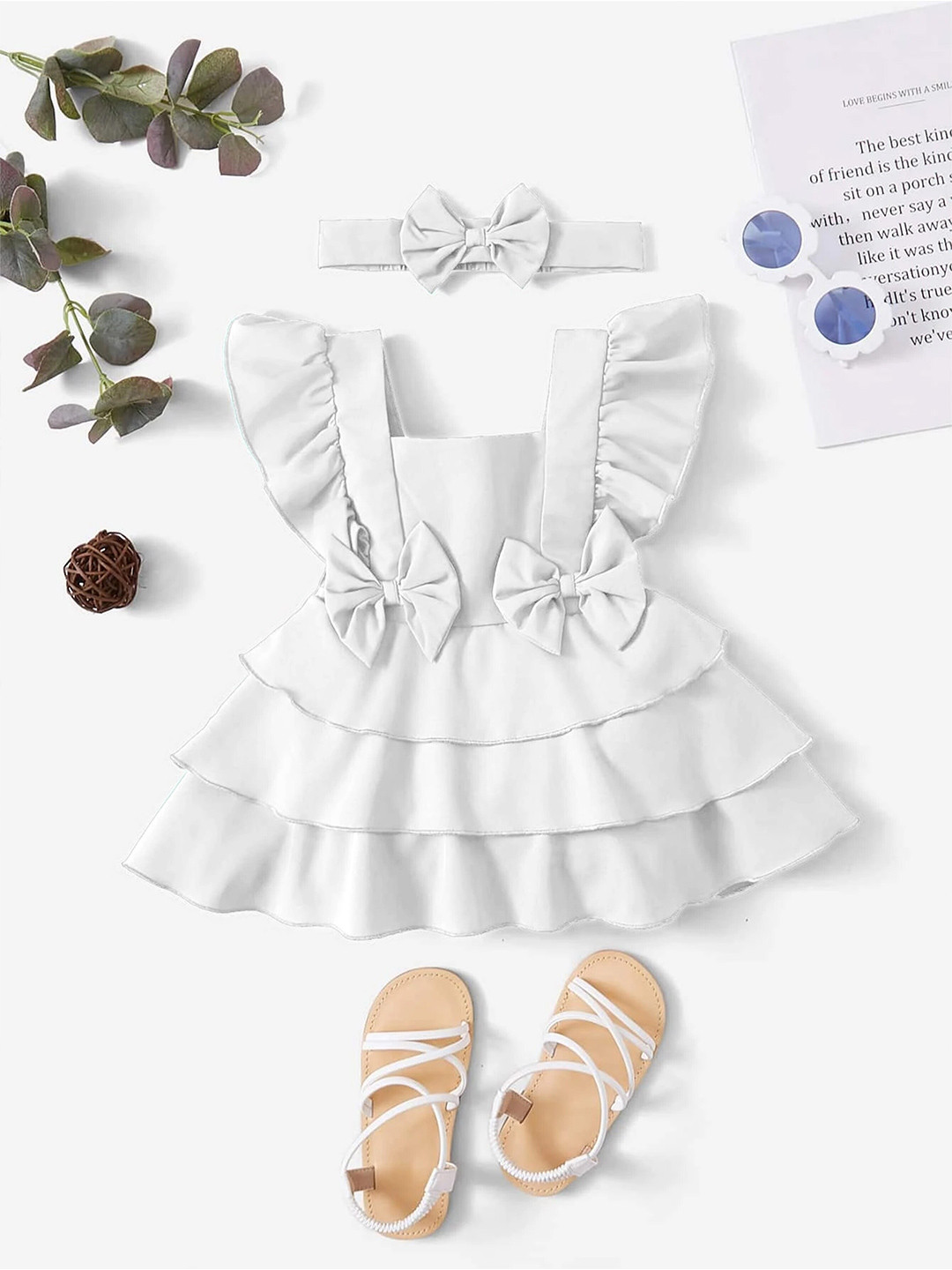 LYTIX Infant Girls Bow Front Square Neck Crepe Flutter Sleeves Ruffle Flare Dress