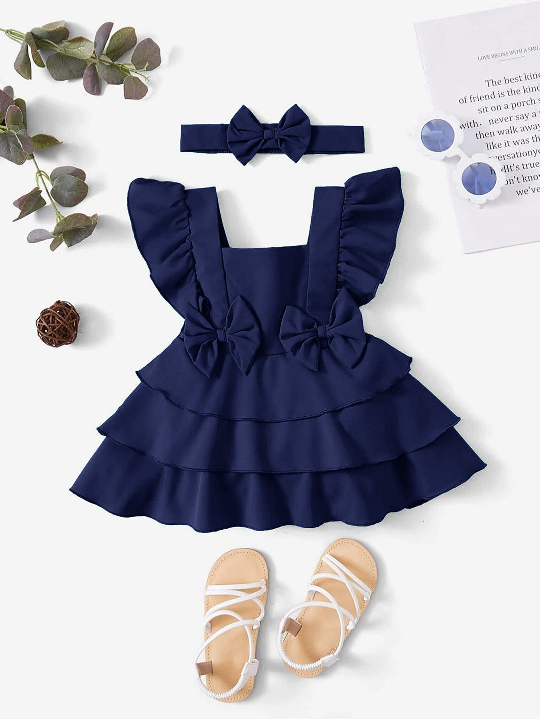 LYTIX Infant Girls Bow Front Square Neck Crepe Flutter Sleeves Ruffle Flare Dress