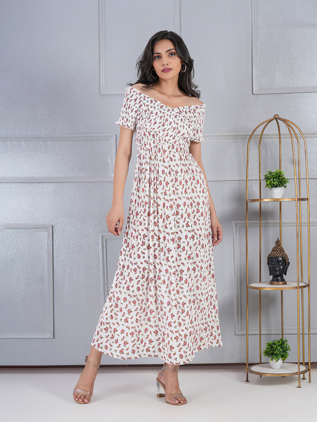 DEBONATELLA Floral Print Off-Shoulder Smocked Maxi Dress