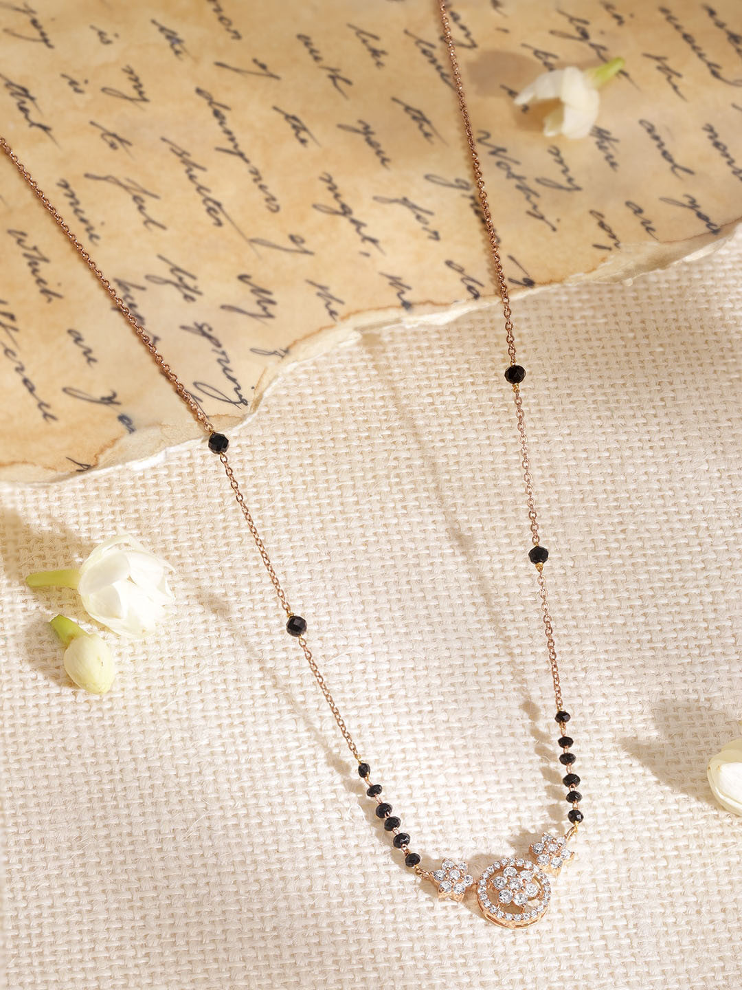 Rubans 18k Rose Gold Plated Cubic Zicronia Studded with Black Beads Mangalsutra