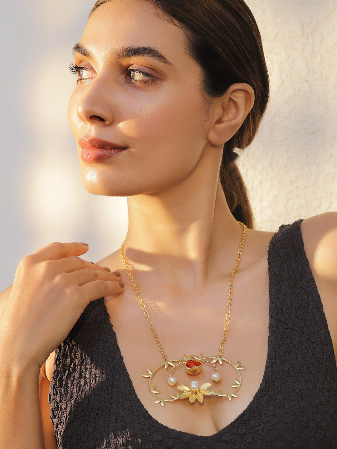 Rubans 22K Gold Plated Red Stone Studded Floral Design Pendant Necklace with Pearl Accents