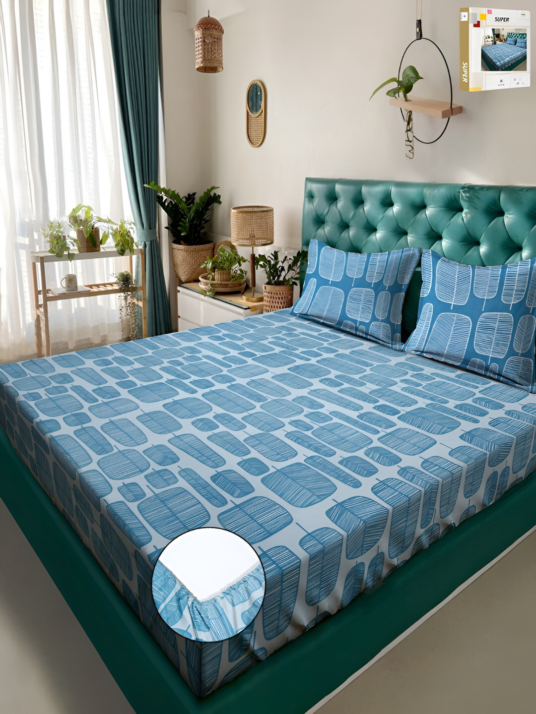 KLOTTHE Book Fold Turquoise Blue Geometric Cotton Soft Feel 300 TC Fitted Double Bedsheet with 2 Pillow Covers-98 x 89 inches