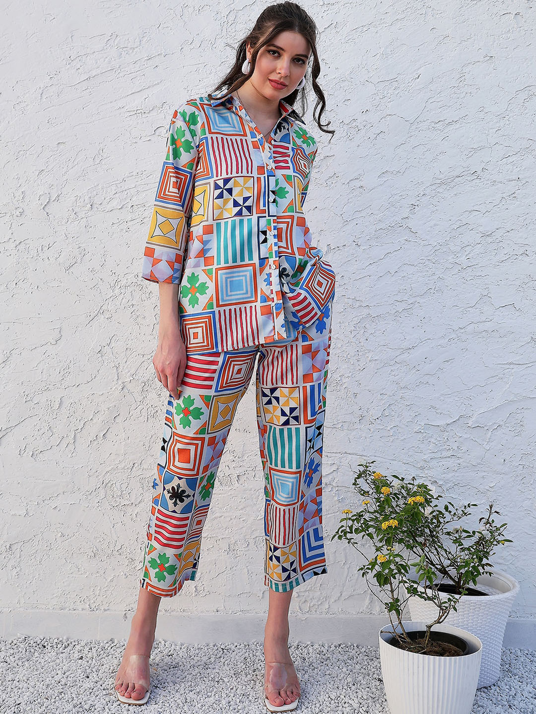 Boho By Athena Geometric Printed Linen Shirt With Trousers Co-Ords