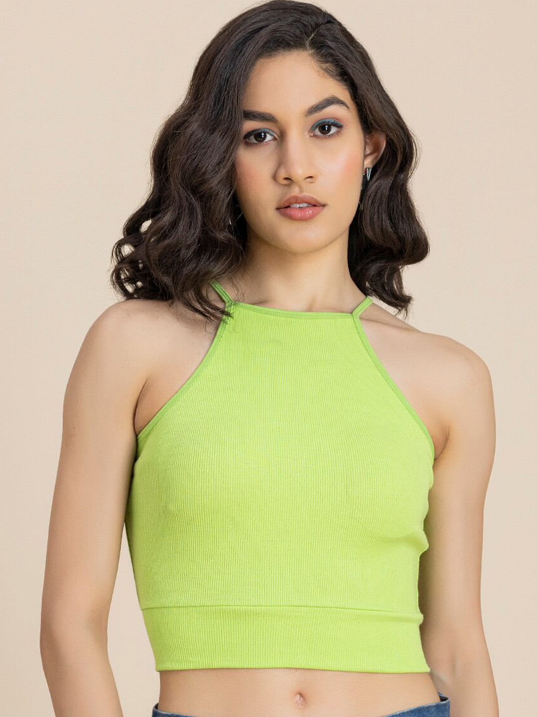 Moomaya Ribbed Shoulder Strap Styled Back Crop Top
