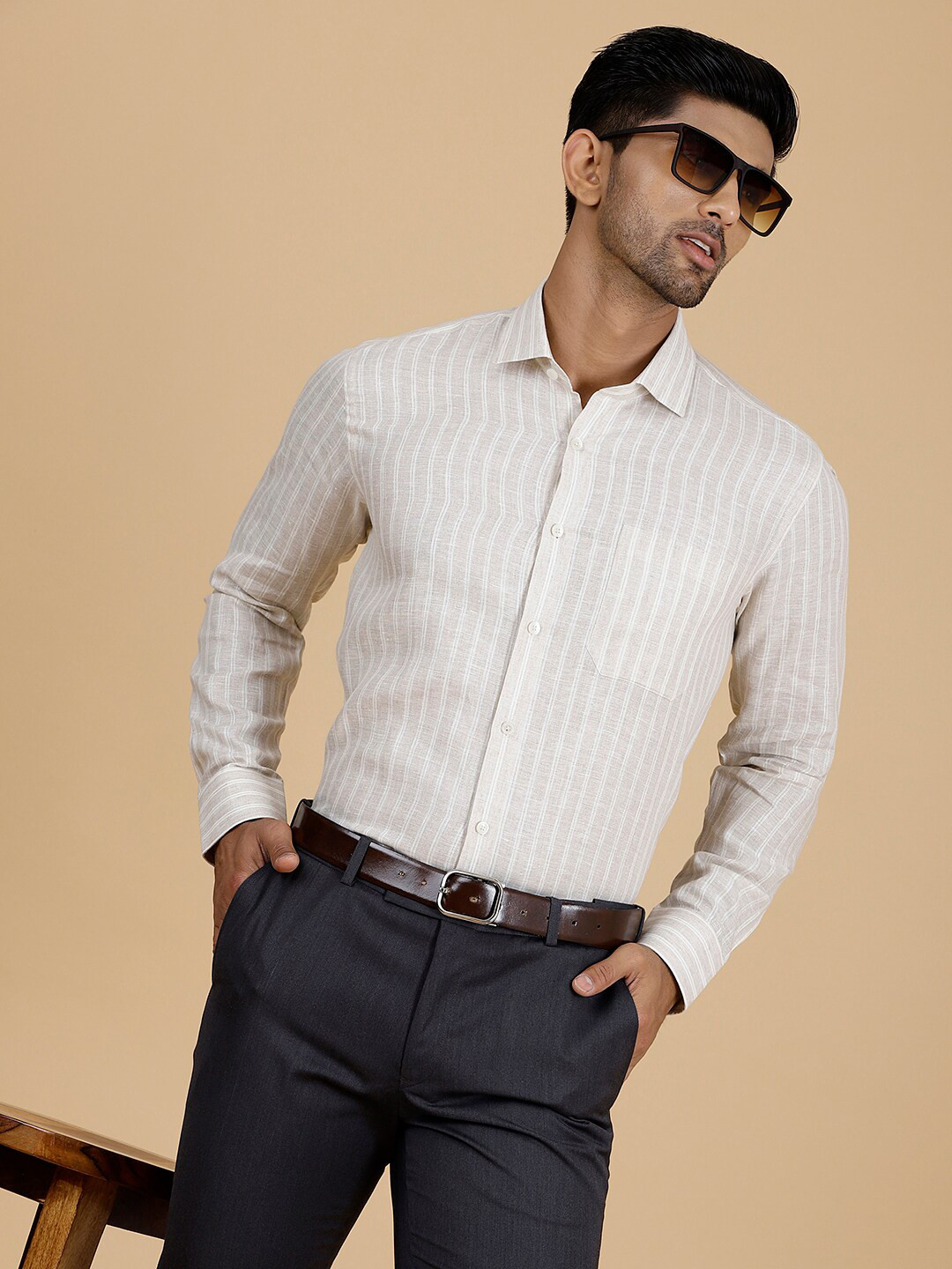 JADE BLUE Linen Striped Formal Shirt