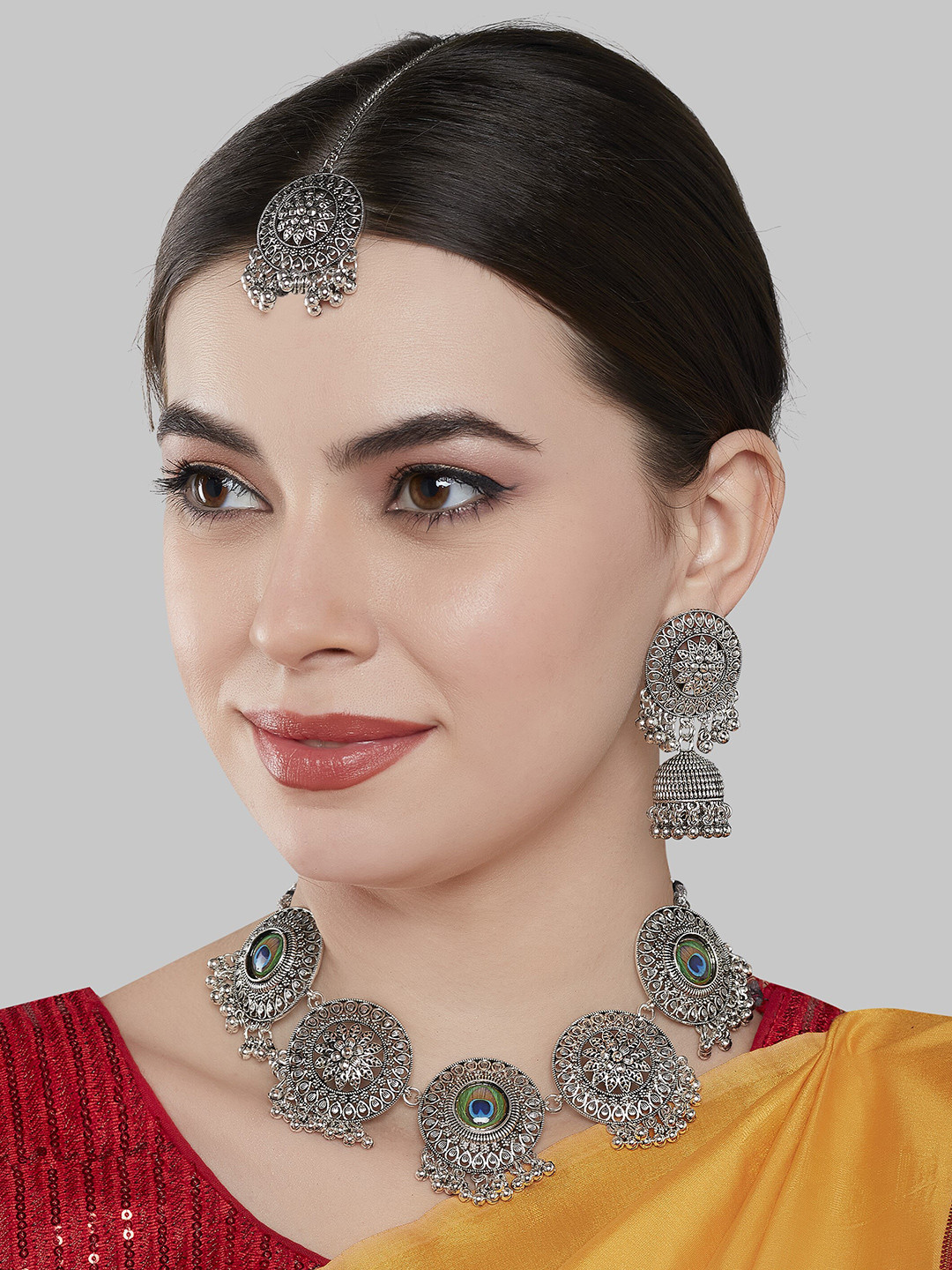 GRLIE Oxidised Silver-Plated Peacock Trend Choker Set With Maangtika And Earrings