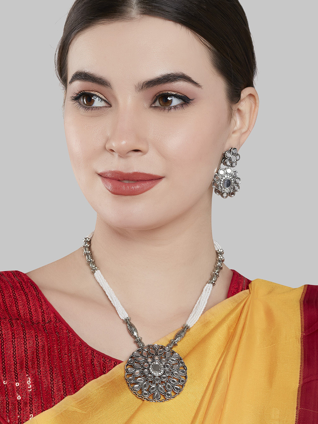 Grlie Oxidised Artificial Beads Beaded Necklace Set With Earring