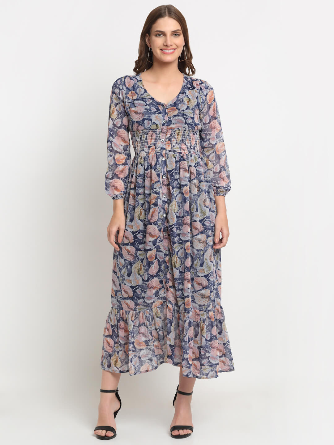 KALINI Floral Printed V-Neck Puff Sleeve Georgette Shirt Maxi Dress