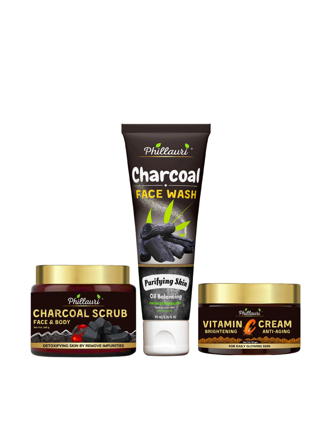 Phillauri Charcoal Face Wash Scrub Vitamin C Face Cream Skin & Body Kit-60ml+100gm+ 50gm