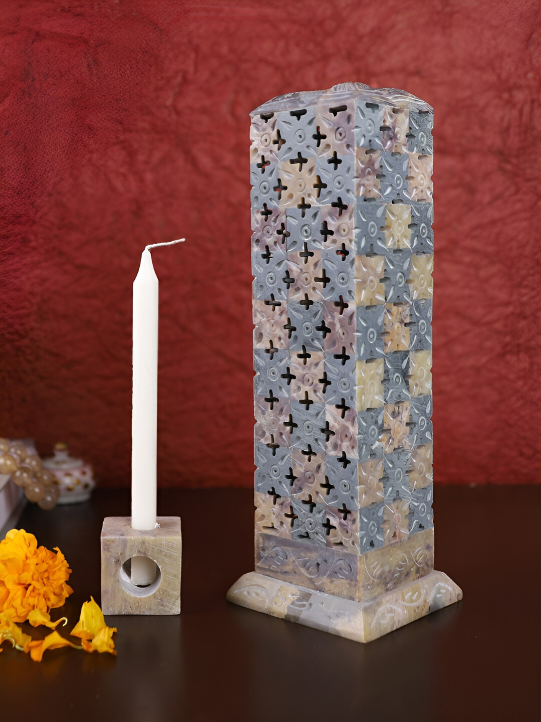 Aura Grey & Beige Textured Candle Holder