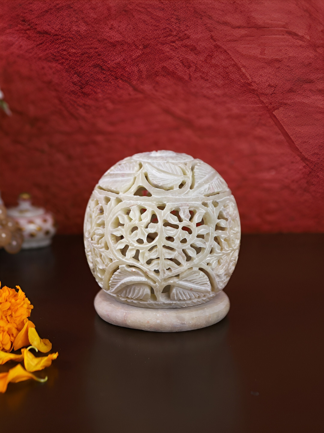 Aura White Stone Cut Design Candle Holder