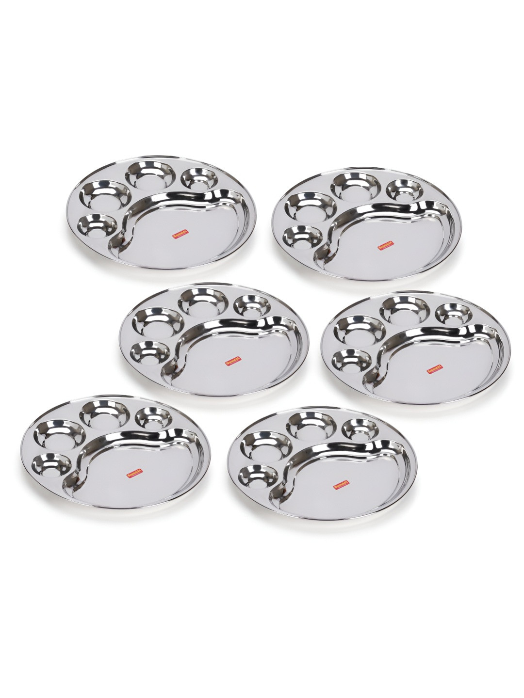 Sumeet 6 Pcs Round Stainless Steel 5-in-1 Compartment Dinner Plates