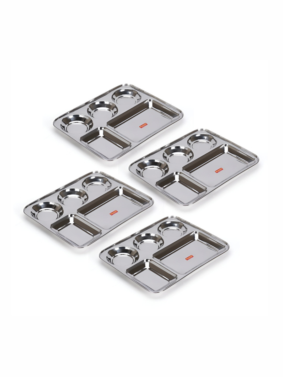 Sumeet 4 Pcs Rectangular Stainless Steel 5-in-1 Compartment Dinner Plates