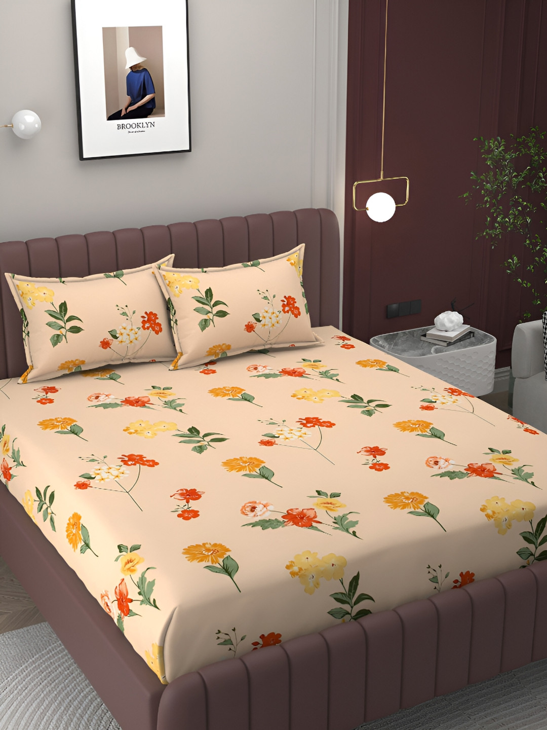 Bromwick Orange Floral Cotton 250 TC King Fine Bedsheet with 2 Pillow Covers-90 x 95 inches
