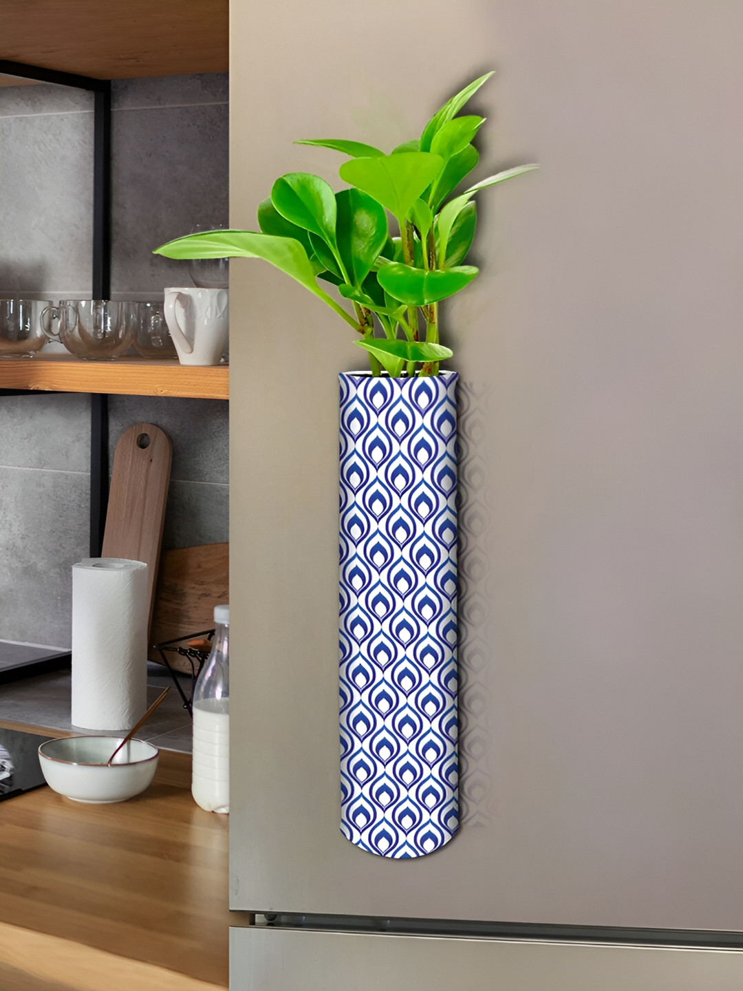 DecorTwist Blue Printed Metal Fridge Magnetic Planter