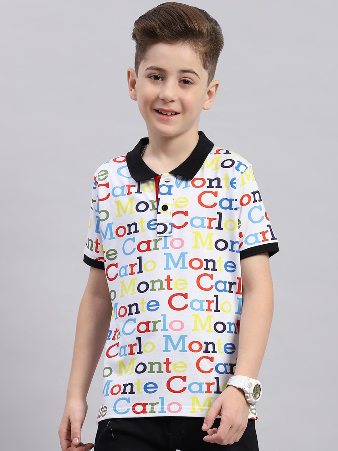 Monte Carlo Boys Polo Collar Short Sleeves Typography Printed Regular Fit Cotton T-shirt