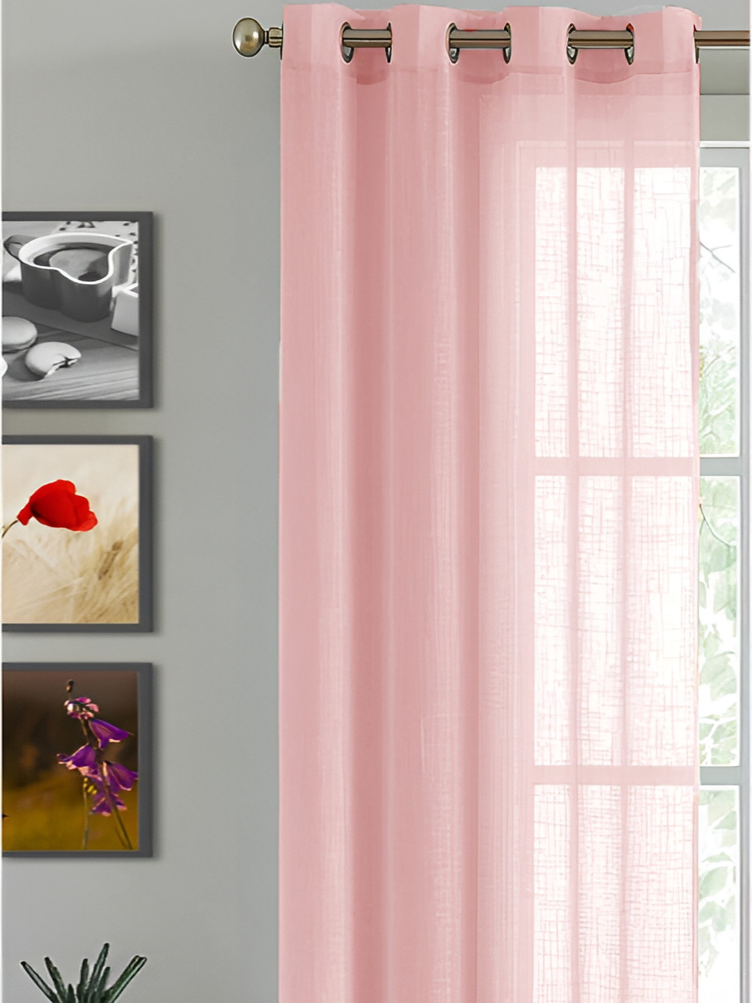 HOMEMONDE Pink Cotton Cotton Eyelet Sheer Door Curtain