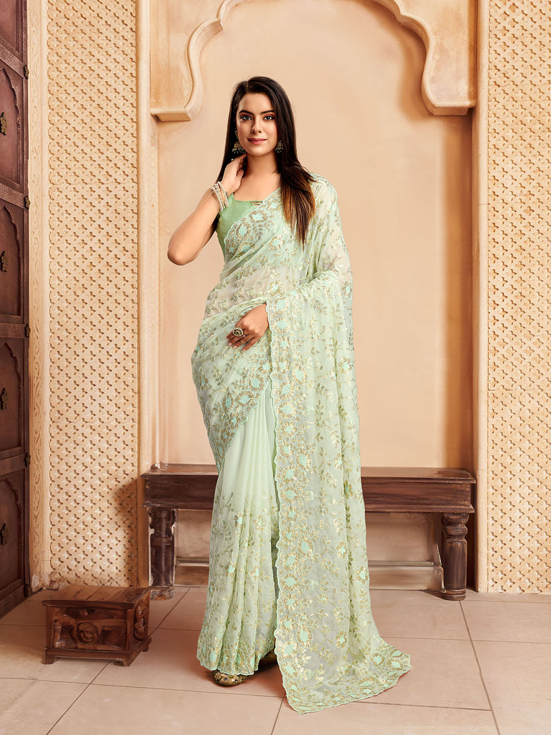 House of Pataudi Embroidered Designer Saree With Blouse Piece