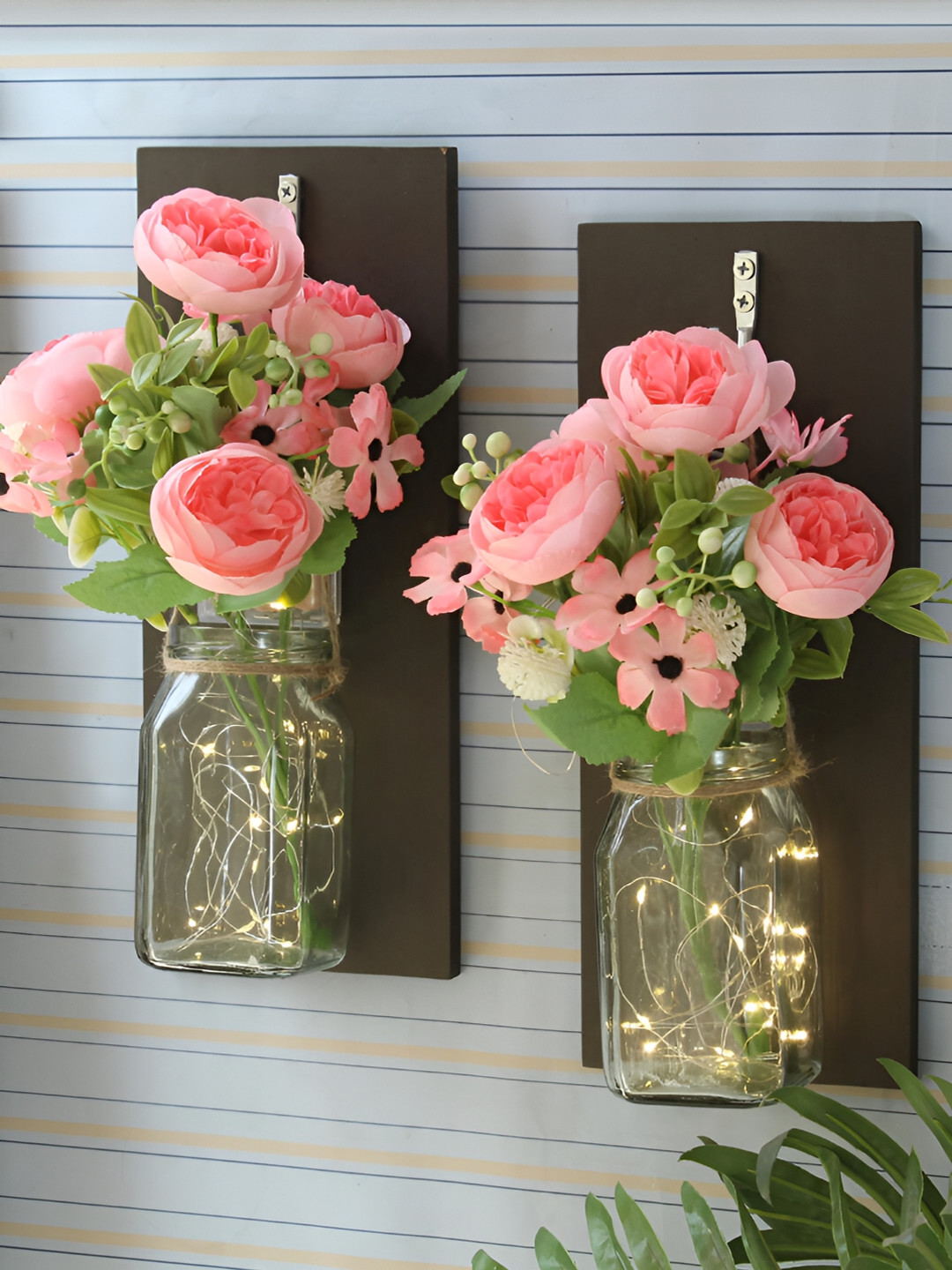 TIED RIBBONS Decor Sconces with Jar Artificial Flowers Wood Matte 2Pcs Wall Hangings-12In
