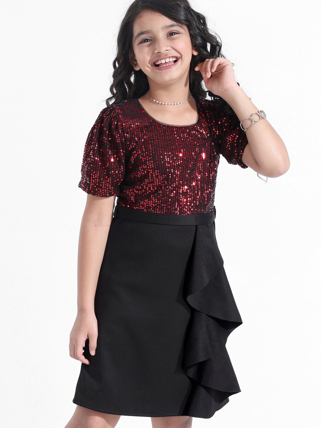 Hola Bonita Girls Embellished Colourblocked Round Neck Straight A-Line Dress