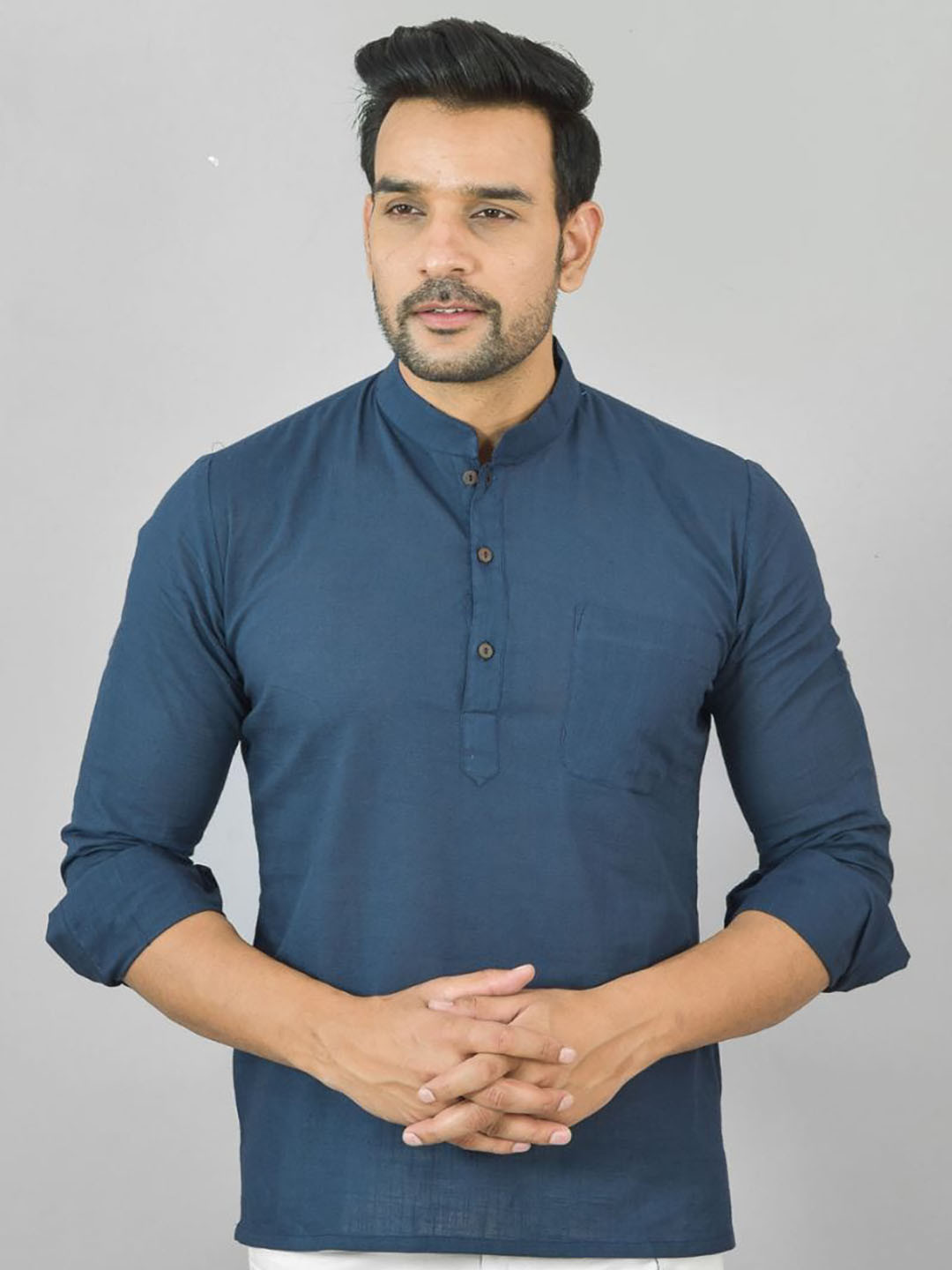 Navyas Fashion Mandarin Collar Curved Cotton Straight Short Kurta