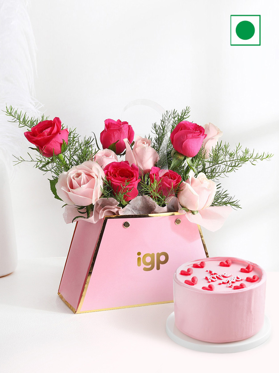 IGP Rose Flowers in Cute Bag with Cake Gift Set