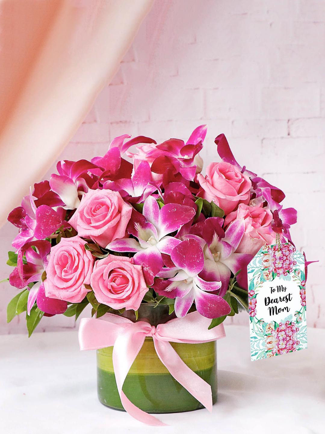 IGP Pink & Green Orchids & Roses In Round Vase