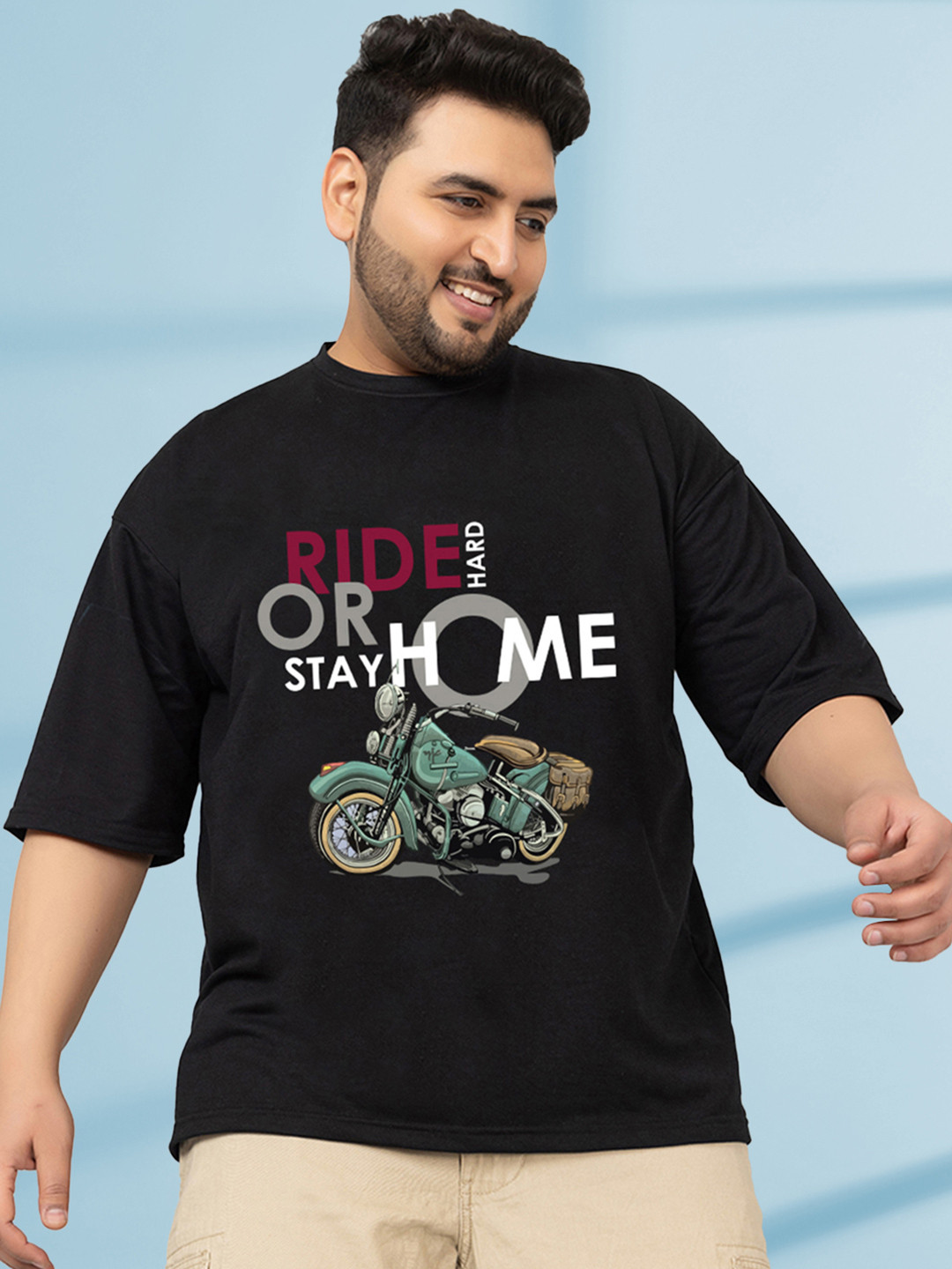 CHKOKKO Biker Printed Drop-Shoulder Sleeves Oversized Cotton Casual T-shirt