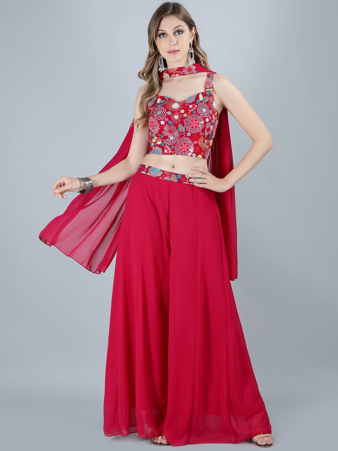 Laalzari Embroidered Crop Top & Palazzos With Band Dupatta