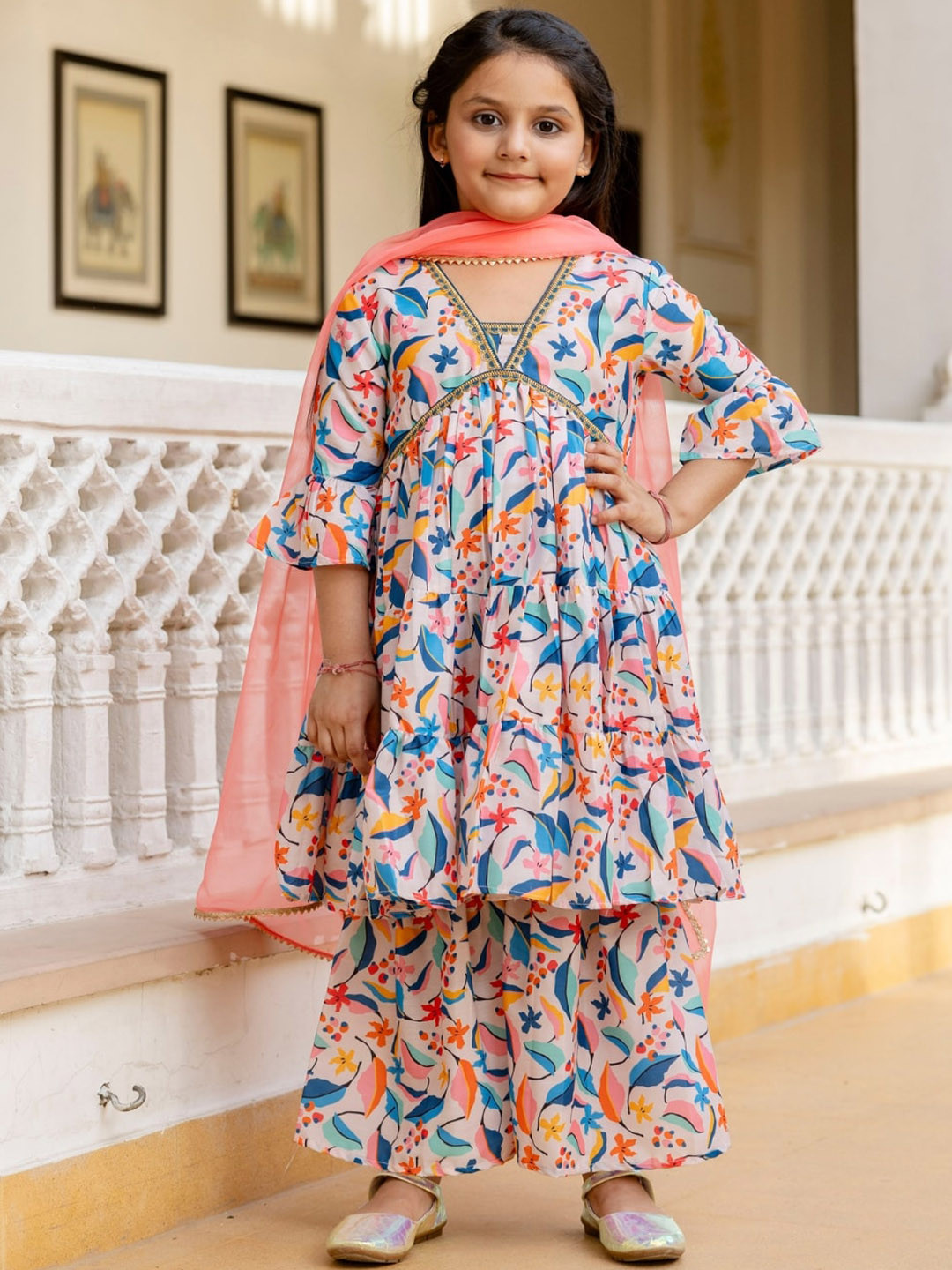 Cutiediva Girls Floral Printed Gotta Patti Anarkali Kurta With Sharara & Dupatta