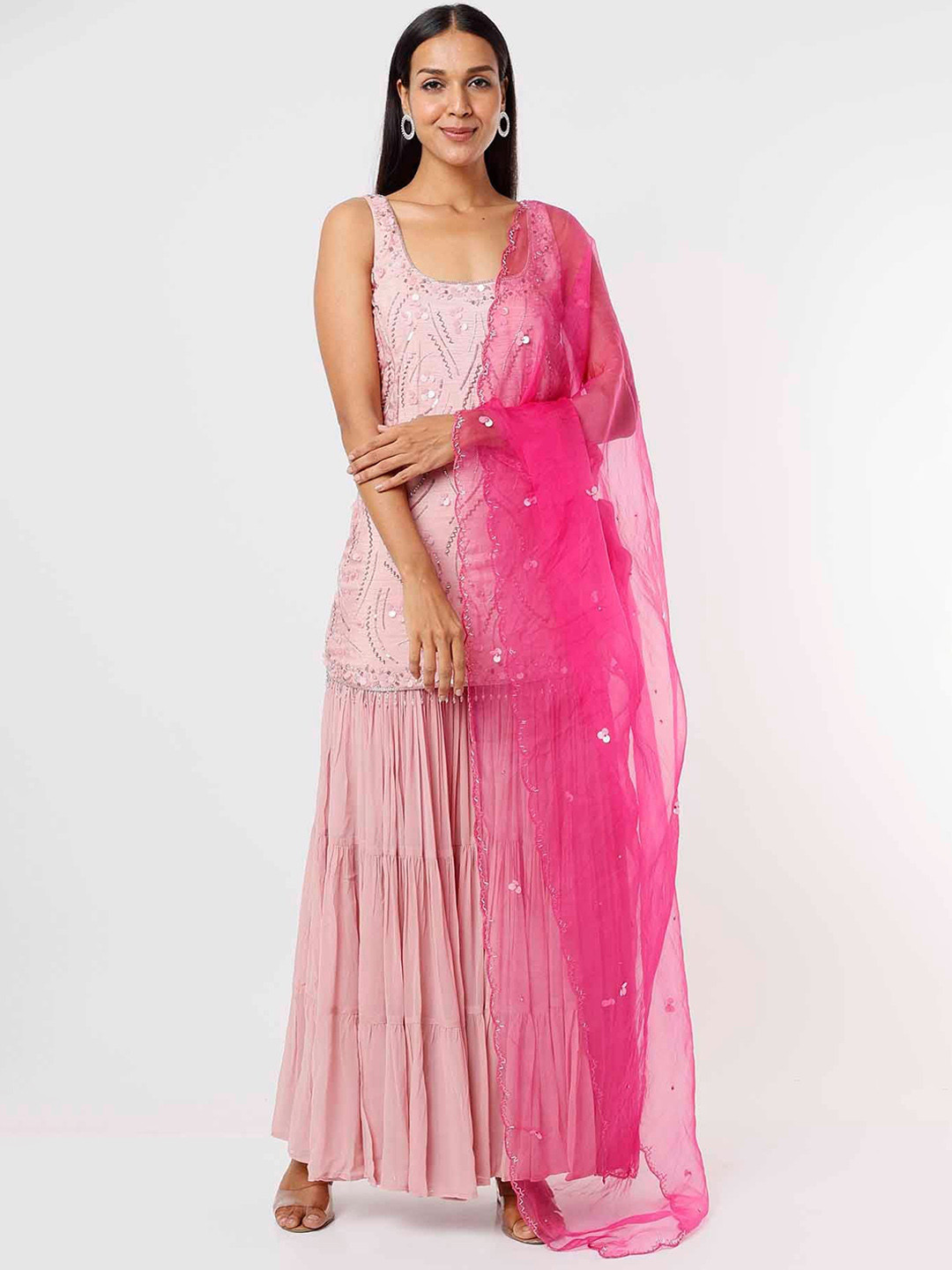 Mehak Murpana Ethnic Motifs Embroidered Mirror Work Raw Silk Kurta with Sharara & Dupatta