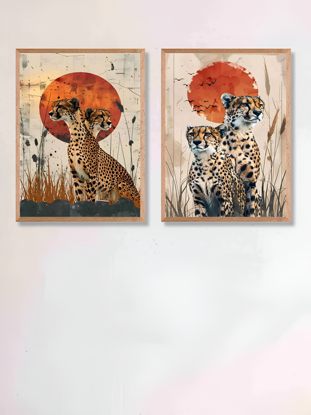 SAF Beige & Red 2 Piece Birds and Animals Wooden Painting Wall Art
