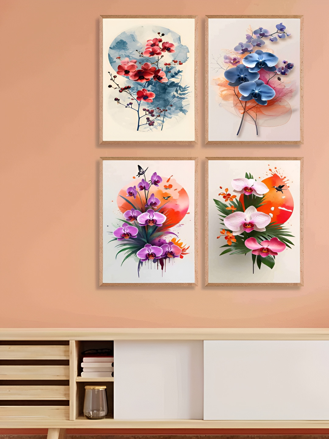 SAF White & Red 4 Pieces Synthetic Wood Birds and Animals Paintings Wall Art