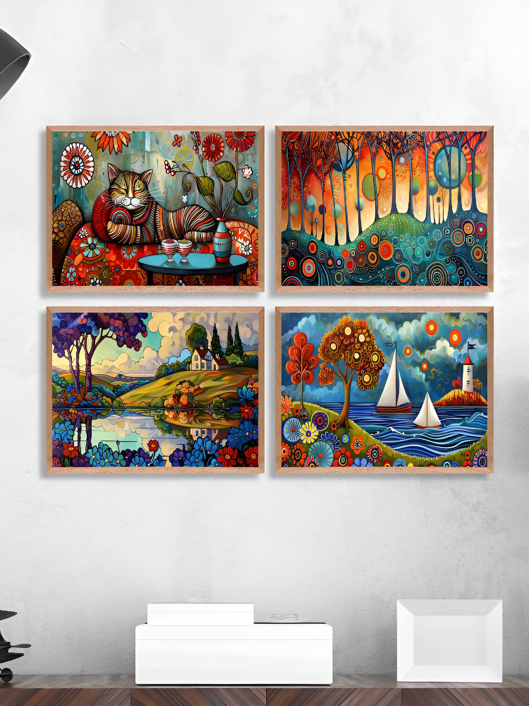 SAF Synthetic Wood 4 Pcs Wall Living Room Rectangle Paintings Wall Art -14.17 x 11.02In
