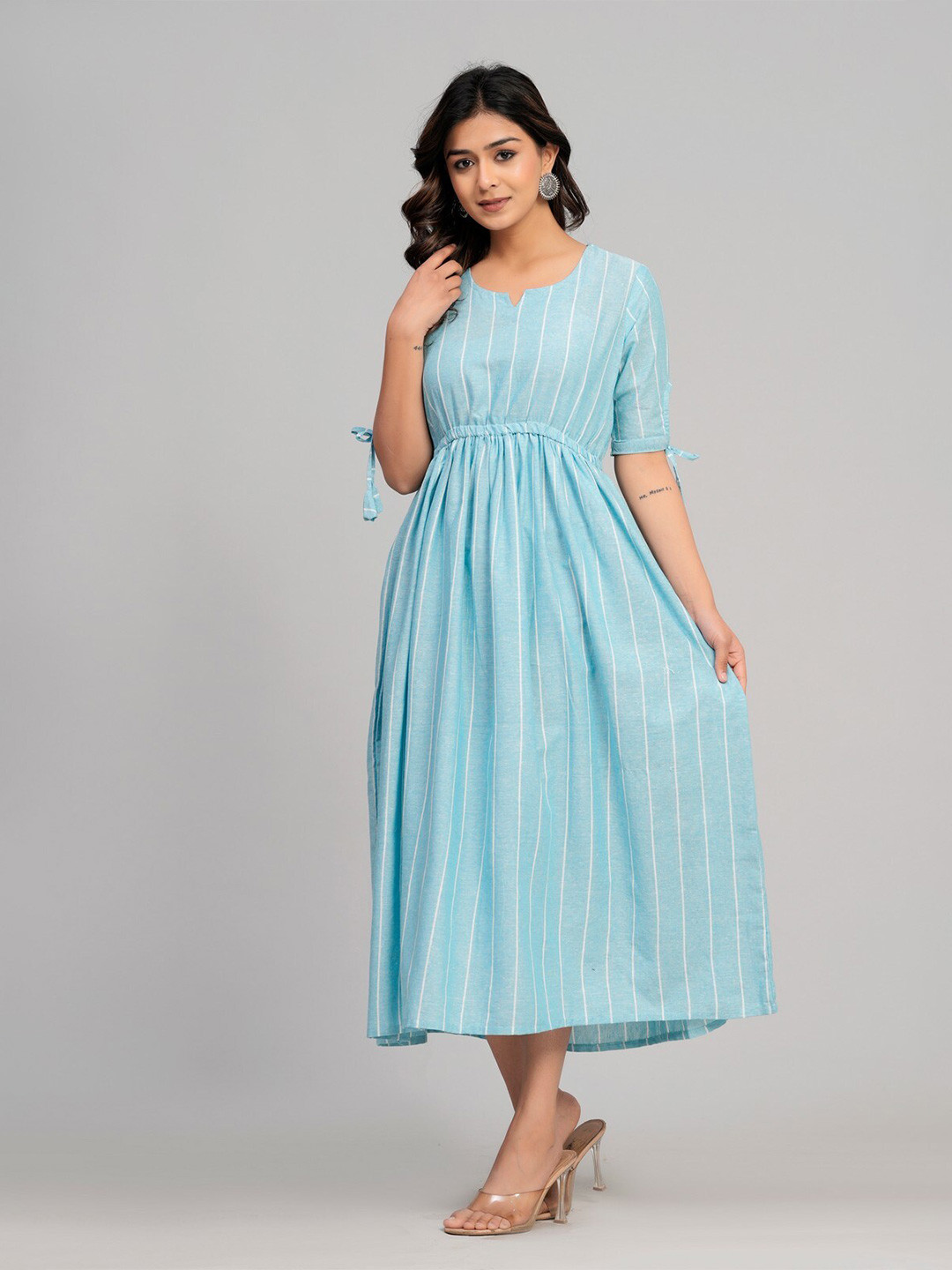 SARAI CREATIONS Striped Short Sleeves A-Line Midi Dress