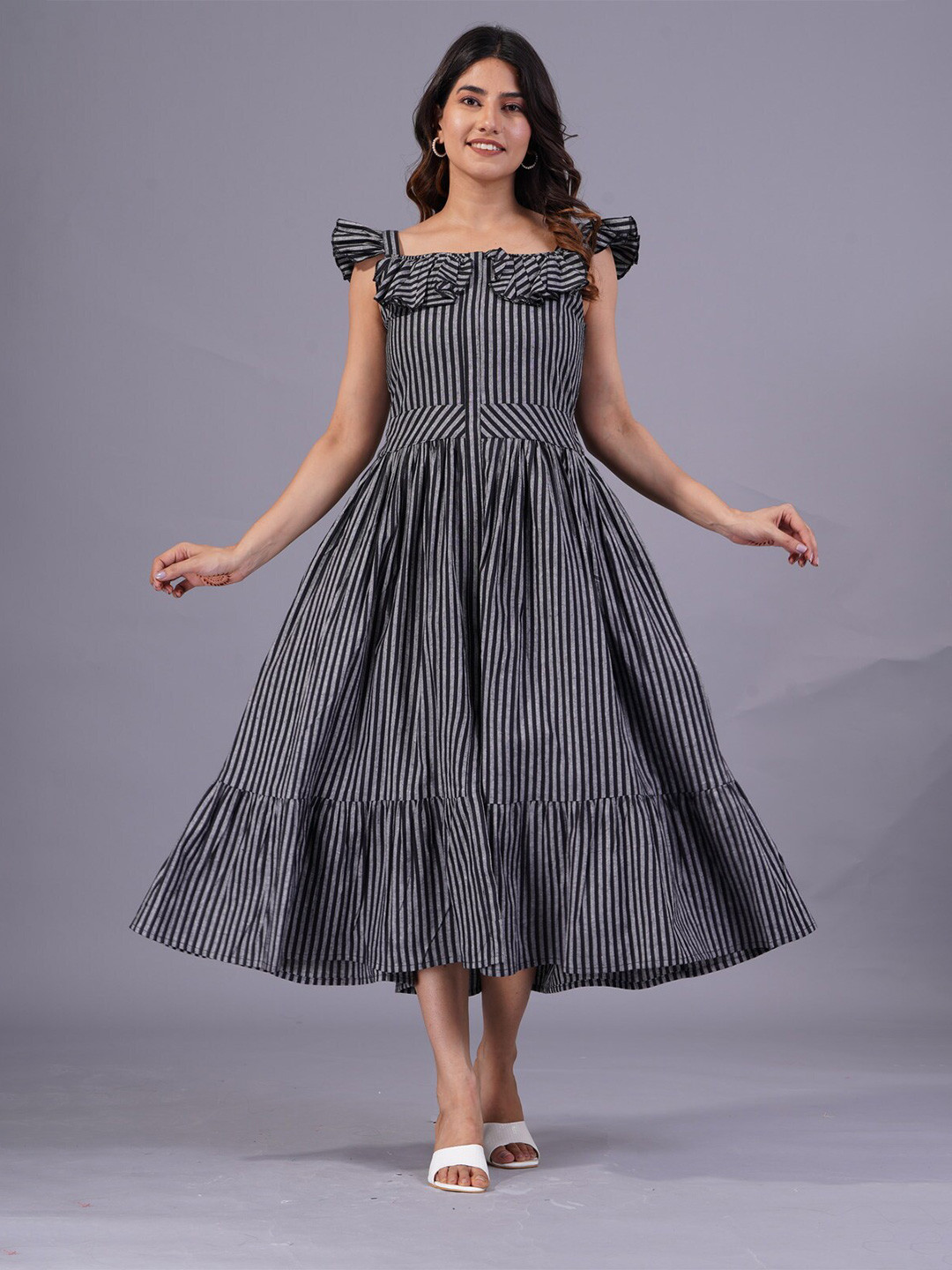 SARAI CREATIONS Striped Off-Shoulder Flutter Sleeve Fit & Flare Midi Dress