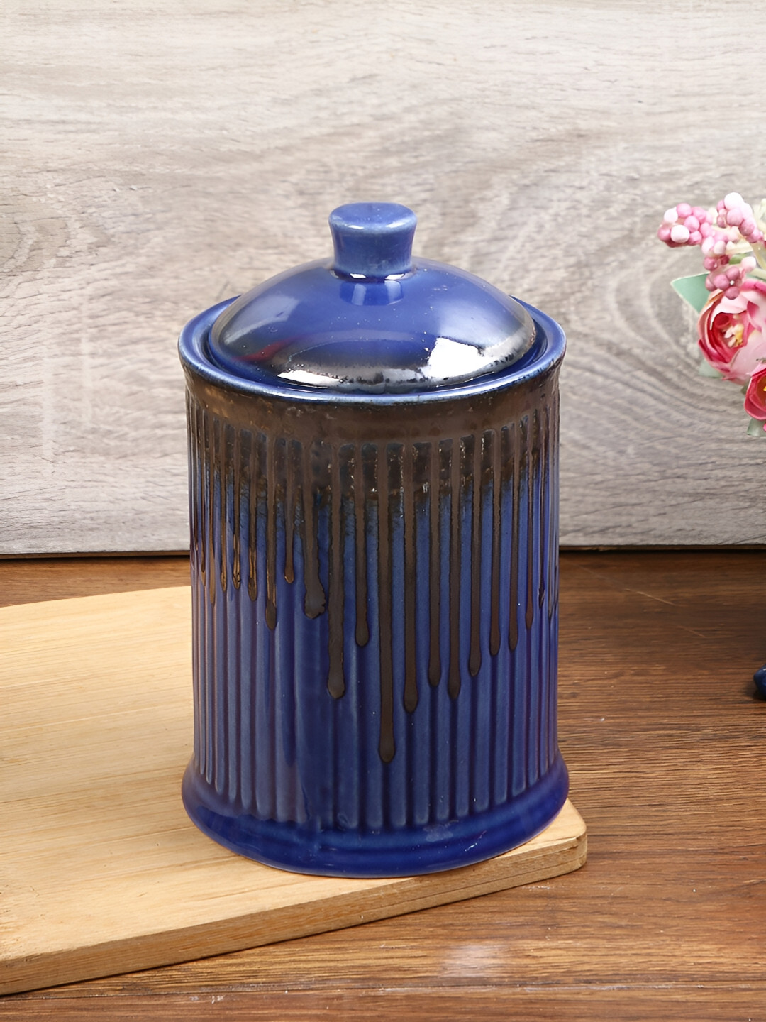 Aura Handcrafted Blue Striped Ceramic Easy To Clean Clip-On Canister