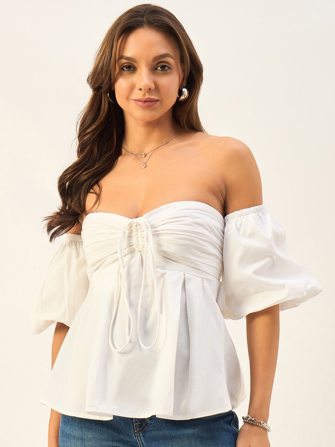 DRAPE AND DAZZLE Strapless Puff Sleeve Cotton Bardot Top